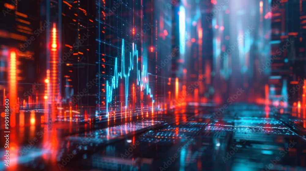 Poster abstract digital cityscape with glowing lines and data visualization