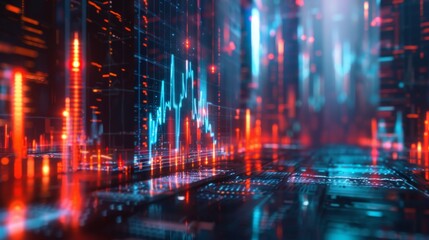 Abstract Digital Cityscape with Glowing Lines and Data Visualization