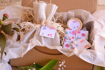 Christmas gift cosmetics set craft box ecological present for new year party, scented sachet jute...
