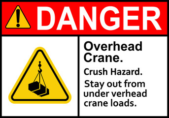 Obraz premium Overhead crane sign. Overhead crane work zones. Not stand under overhead crane. Crane warning sign with suspended load. Keep away from suspended loads. Loading cargo. Box attached to hook. Crane sign.
