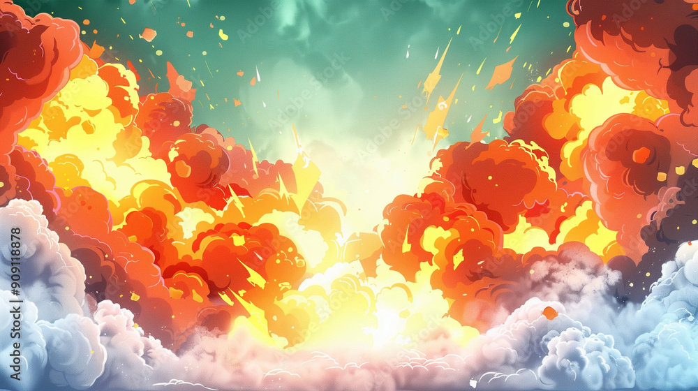 Poster explosion in clouds with fiery colors and debris. a dramatic display of power in a bright sky. explo