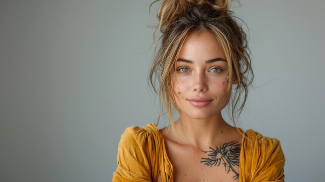 A young woman with a high bun hairstyle and a sun tattoo on her collarbone stares confidently into the camera, exuding natural beauty and striking features.