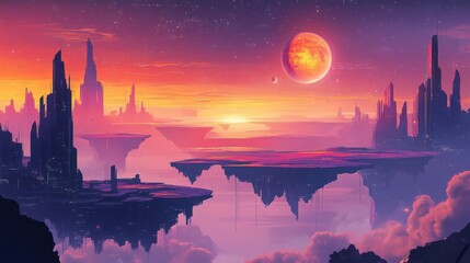 Naklejka premium Futuristic Cityscape with Floating Islands and a Red Planet in the Sky