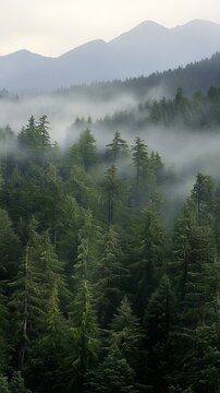 A dense forest shrouded in mist, with dark green trees standing tall against the backdrop of rolling hills