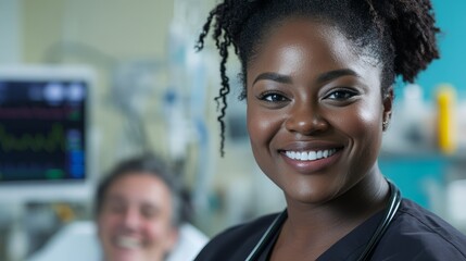 Obraz premium Cheerful nurse smiling at the camera in a hospital setting, showcasing compassion and professionalism in healthcare.