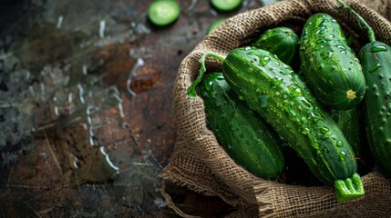 A rustic burlap sack brimming with fresh, wet cucumbers is placed on a stone surface, highlighting the farm-fresh vibrancy and natural textures of the vegetables.