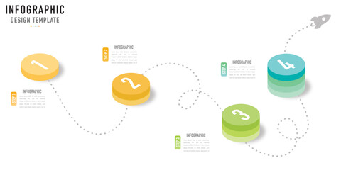 Circular isometric infographic template or element with 4 step, process, option, colorful circle, bar, column, arrow, minimal style, slide