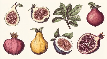 A detailed vector set of hand-drawn fruits including figs, pomegranates, guavas, and persimmons.