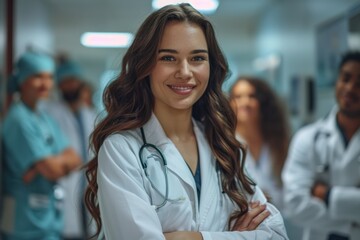 Fototapeta premium A woman in a white coat is smiling and posing for a picture. She is a doctor and is surrounded by other doctors. Scene is happy and friendly