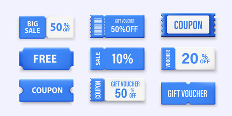 Set of 3d blue coupon. Promotion and gift voucher coupon. Vector realistic coupon design for big sale, special offer, and discount voucher. Vector illustration.