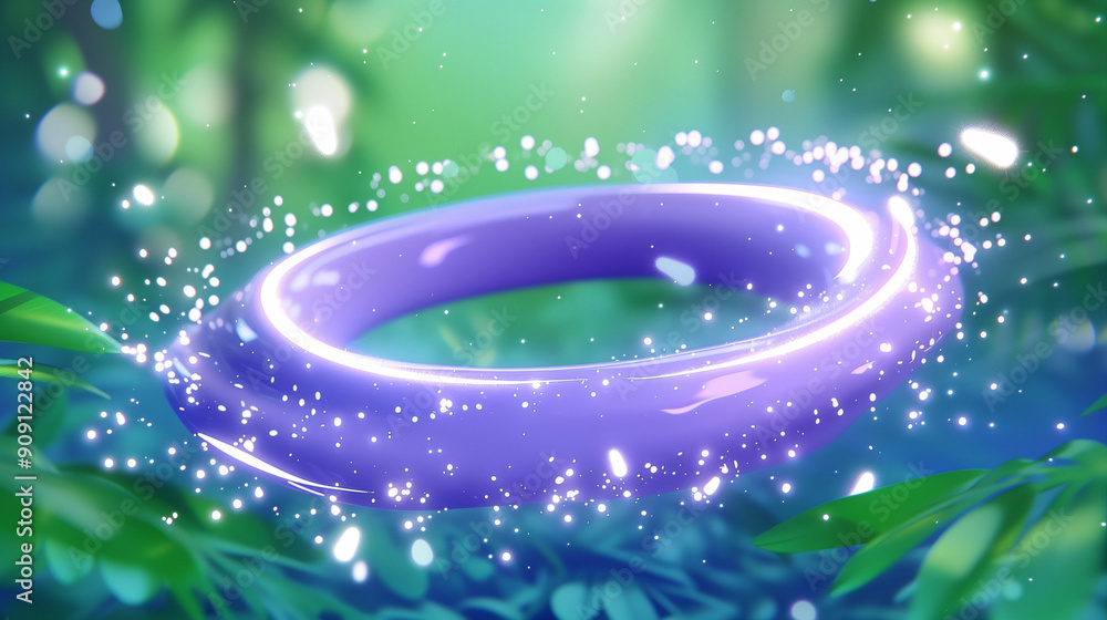 Poster magical ring with sparkles and soft glowing effects in a mystical forest. enchanting graphic design 