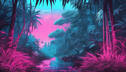Fototapeta premium pink anime cartoon tropical rainforest jungle fantasy background wallpaper travel