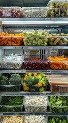 Colorful produce and grains displayed in a grocery refrigerator for customers to select fresh options