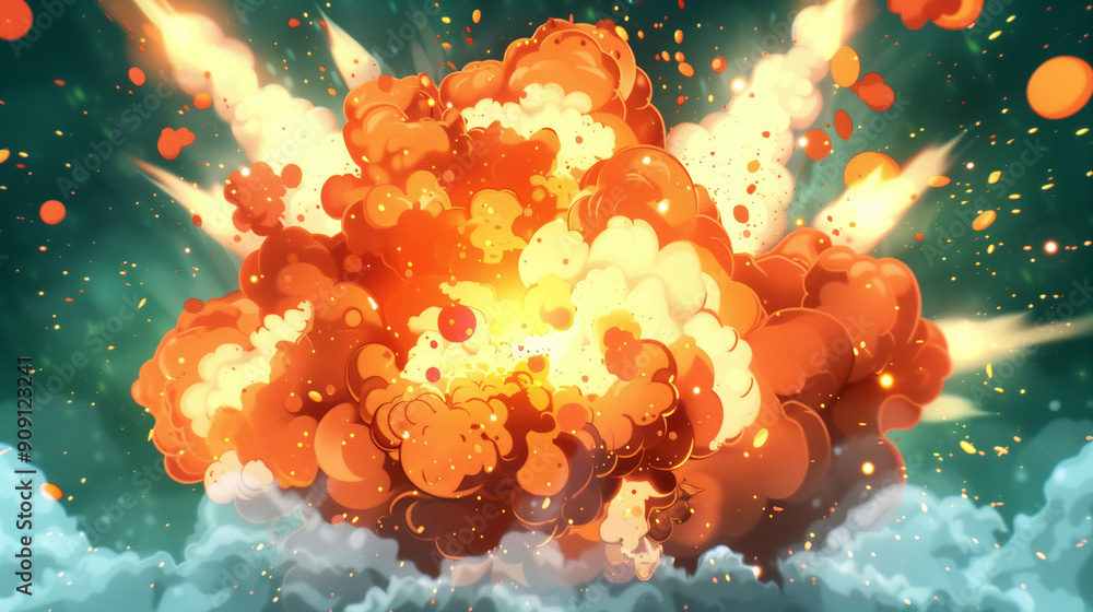 Poster vivid explosion with fire and smoke. a dynamic illustration capturing the intense moment of an explo