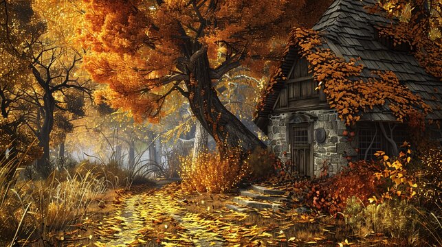 Autumn landscape featuring a cozy stone cottage surrounded by vibrant, colorful trees and fallen leaves.