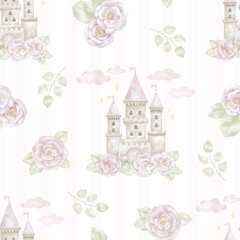 Watercolor seamless pattern with castle on striped background with pink roses for textile and paper © Мария Ронина