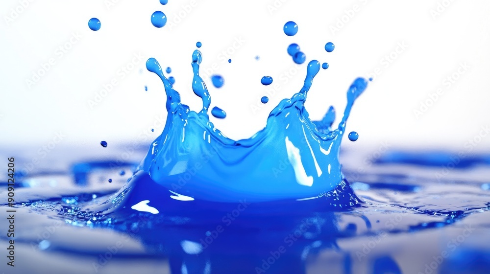 Poster full-resolution image of a blue splash with droplets on a white background