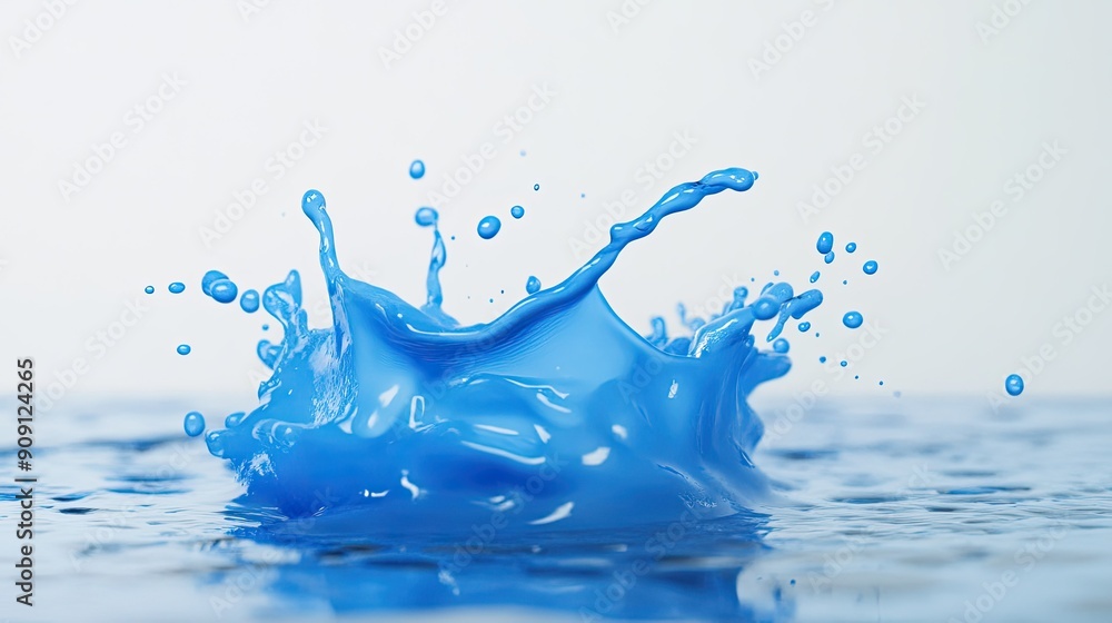 Poster full-resolution image of a blue splash with droplets on a white background