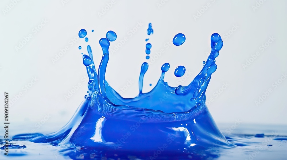 Poster full-resolution image of a blue splash with droplets on a white background