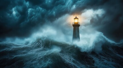 Lighthouse in the Tempest - A lighthouse braves the fierce ocean storm, its light piercing through the darkness and waves, symbolizing guidance and resilience. © jodoto