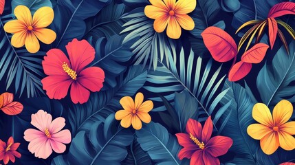 Vibrant Tropical Flowers and Foliage in a Dark Blue Setting