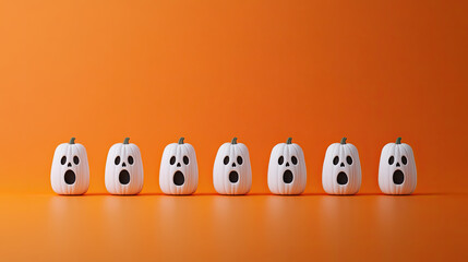 A fun arrangement of white ghost pumpkins with shocked expressions against a vibrant orange background, perfect for Halloween decor.