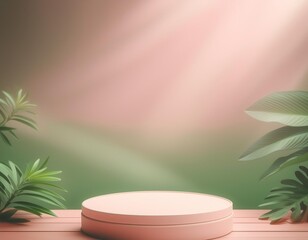 A serene display stage with soft lighting and greenery, perfect for showcasing products or artworks in a tranquil setting.