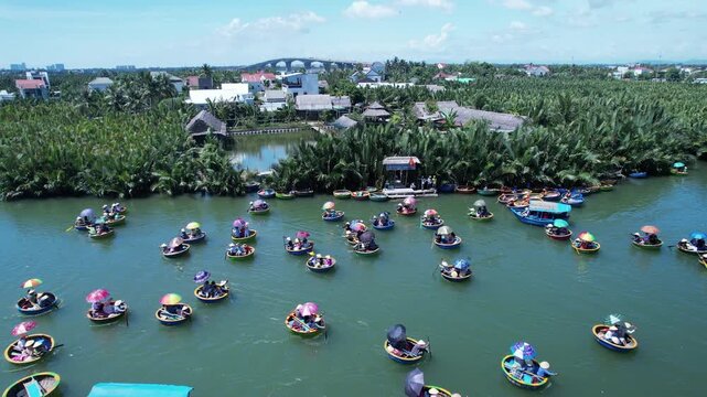 Drone view of Coconut Forest Basket Boat Ride in Hoi An, vietnam.
