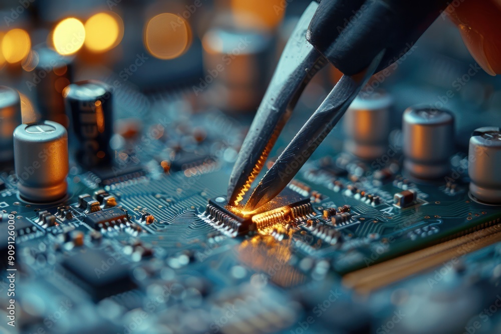 Sticker A person is using a pair of pliers to remove a component from a circuit board