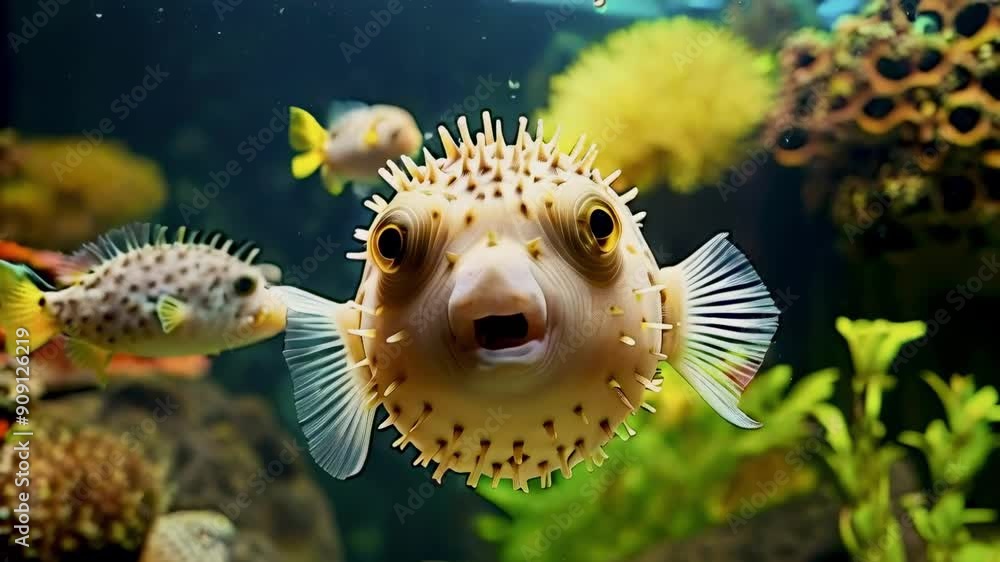 Poster pufferfish swimming in the aquarium