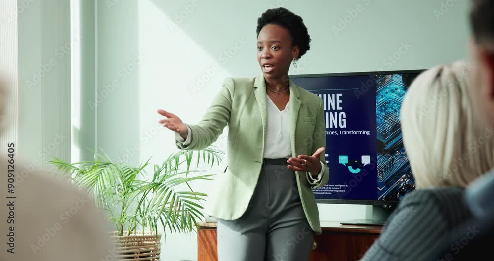 Poster Conference, meeting and woman with presentation in office for AI project, idea and future development. IT, discussion and business people with workshop for data science, training and machine learning