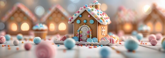 Fototapeta premium Gingerbread House Surrounded by Colorful Candy in a Winter Wonderland