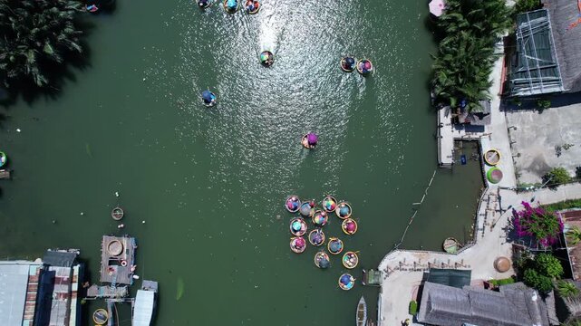 Drone view of Coconut Forest Basket Boat Ride in Hoi An, vietnam.