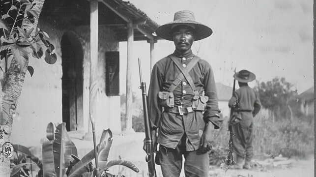 Elegant 19th Century Singaporean Soldier in Traditional Attire, Exuding Colonial Era Charm Amidst a Bustling Port City.