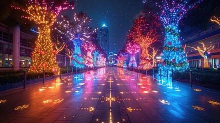 Obraz premium Illuminated Pathway: A Festive Stroll Through a Cityscape