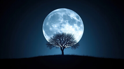 A serene scene featuring a solitary tree silhouetted against a full moon, casting captivating shadows in the night sky.