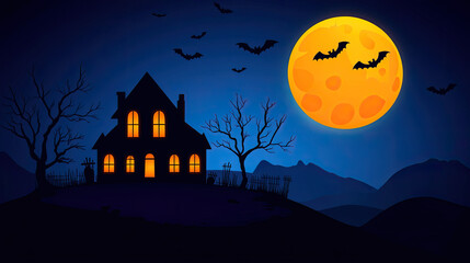 Fototapeta premium A spooky Halloween scene featuring a haunted house, bats, and a glowing full moon under a dark sky.
