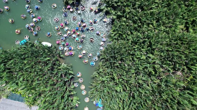 Drone view of Coconut Forest Basket Boat Ride in Hoi An, vietnam.