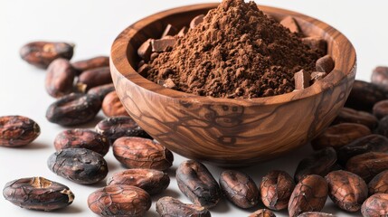 Obraz premium Rich Cocoa Experience - Wooden Bowl Filled with Ground Cocoa and Cocoa Beans on White Background