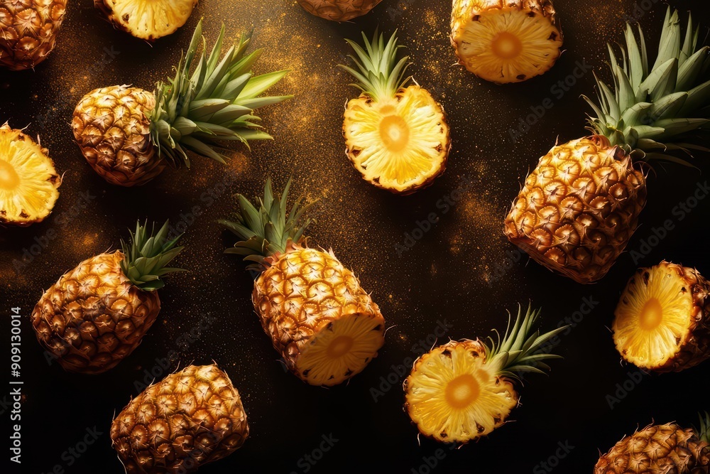 Poster abstract explosion scattering of tropical pineapples, with a light effect highlighting their golden 