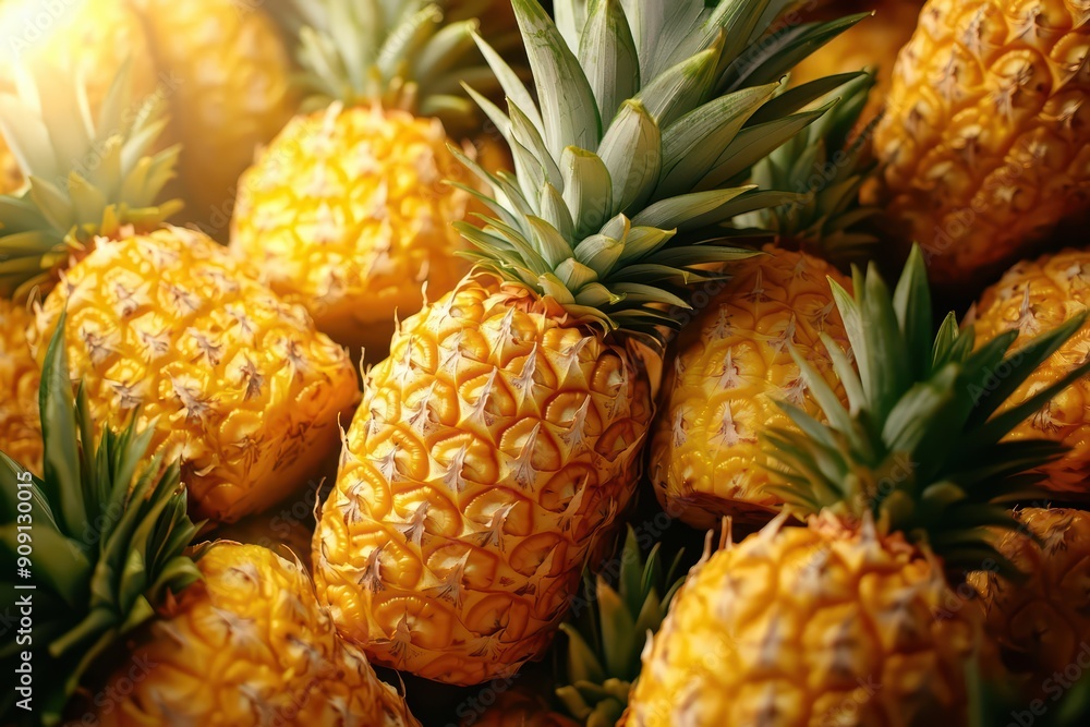 Poster abstract explosion scattering of tropical pineapples, with a light effect highlighting their golden 