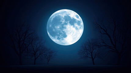 A stunning full moon illuminates a dark sky, casting shadows of bare trees in a serene, mystical landscape.