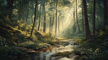 Obraz premium Forest landscape featuring towering trees, dappled sunlight, and a meandering stream enhancing the serene atmosphere