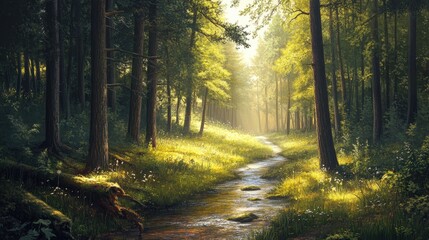 Fototapeta premium Forest scenery featuring tall trees, dappled sunlight, and a gently flowing stream creating a serene atmosphere