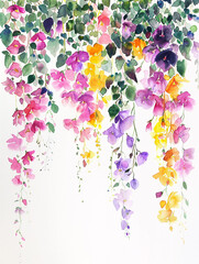 Fototapeta premium Painting of flowers and leaves that are arranged from above. Flowers are blooming. Watercolor illustration style.