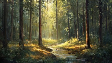 Obraz premium Forest scenery featuring tall trees, dappled sunlight, and a gently winding stream creating a serene atmosphere