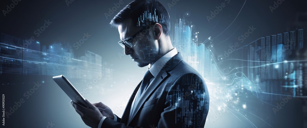 Poster the businessman using a tablet in a silhouette double exposure. in the background is network of glow