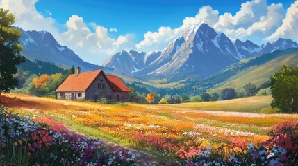 Naklejka premium Idyllic countryside with a quaint farmhouse, colorful fields in bloom, and majestic mountains under a bright blue sky