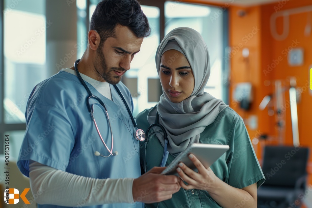 Sticker A man and a woman are looking at a tablet in a hospital