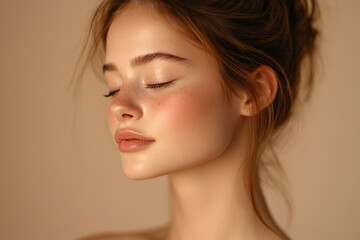 A close up of a girl's face with her eyes closed
